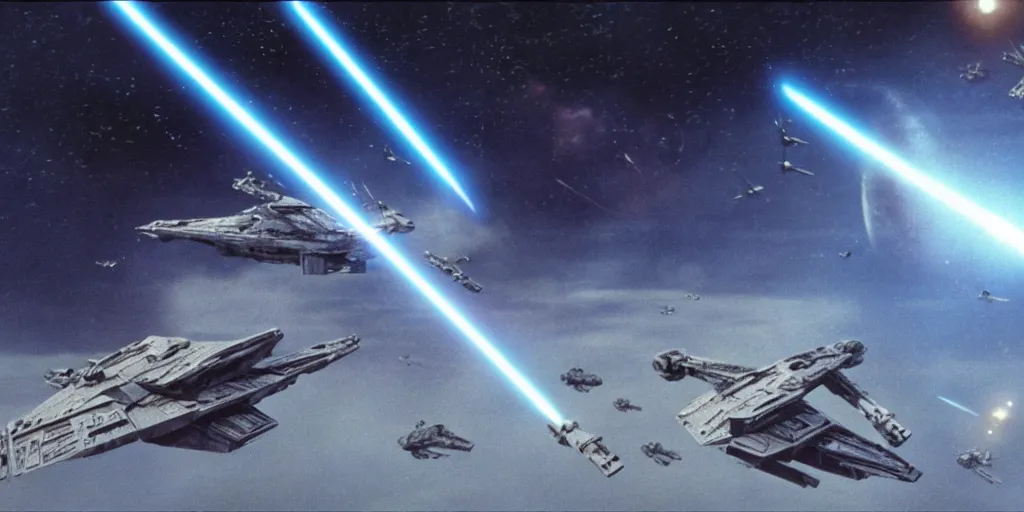 Image similar to a still from a film of a live action STAR WARS space battle far off in the distance over a giant space structure, 35mm, directed by George Lucas, miniatures, ILM