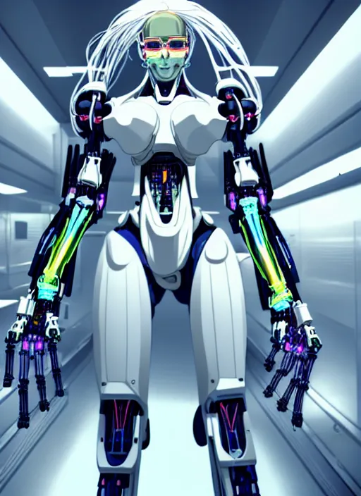 Prompt: a slim woman with long white hair and dark skin in a hyperdetailed MECHA with biomechanical powered exoskeleton inside a white science lab, neon colors