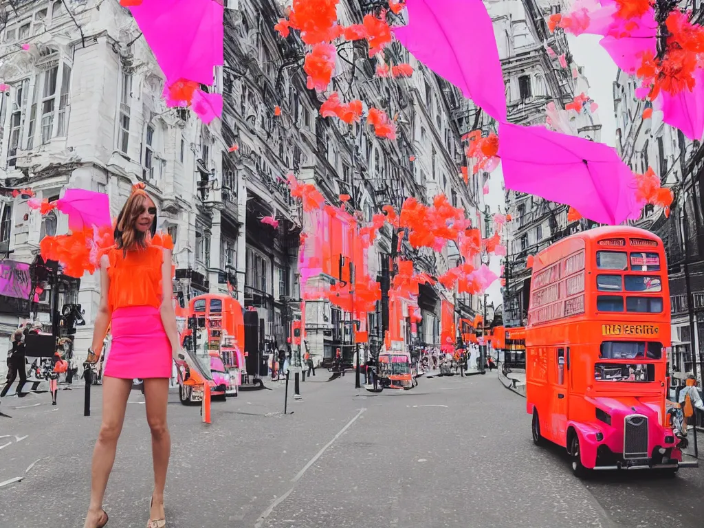 Prompt: London, bright colors, neon orange, beauty, summer vibes, trending on etsy