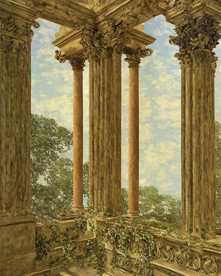 Prompt: achingly beautiful painting of intricate ancient roman ionic capital on olive drab background by rene magritte, monet, and turner. giovanni battista piranesi.