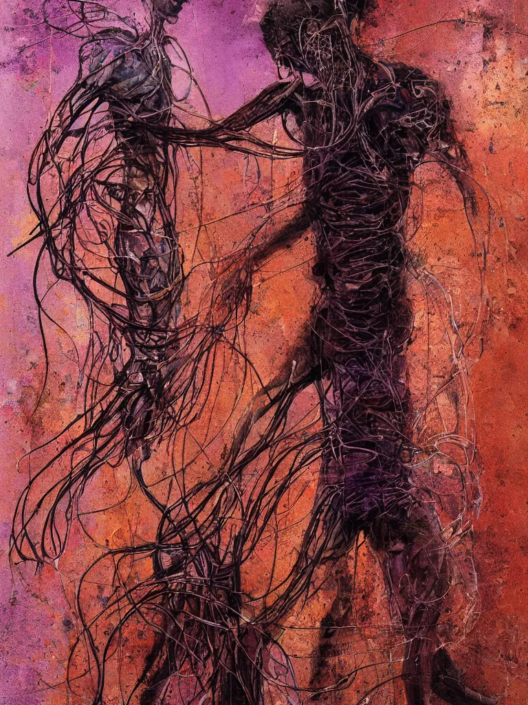 Image similar to a beautiful glitched painting by robert proch and emilio pettoruti of an anatomy book picture of the human nervous system on matrix wallpaper, color bleeding, pixel sorting, copper oxide and rust materials, brushstrokes by jeremy mann, dramatic lighting, pastel purple background