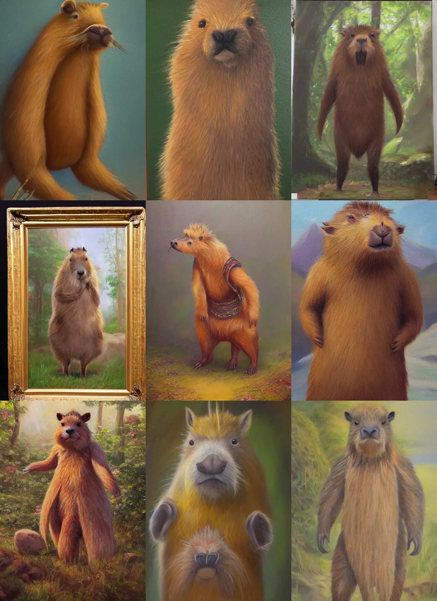 Prompt: a soft focus oil painting on canvas of beautiful full body concept art, anthropomorphic capybara druid wearing full intricate clothing, micro detail