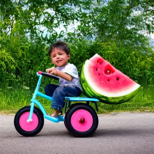 Prompt: a tricycle carrying watermelon, the boy fell asleep in the car, summer