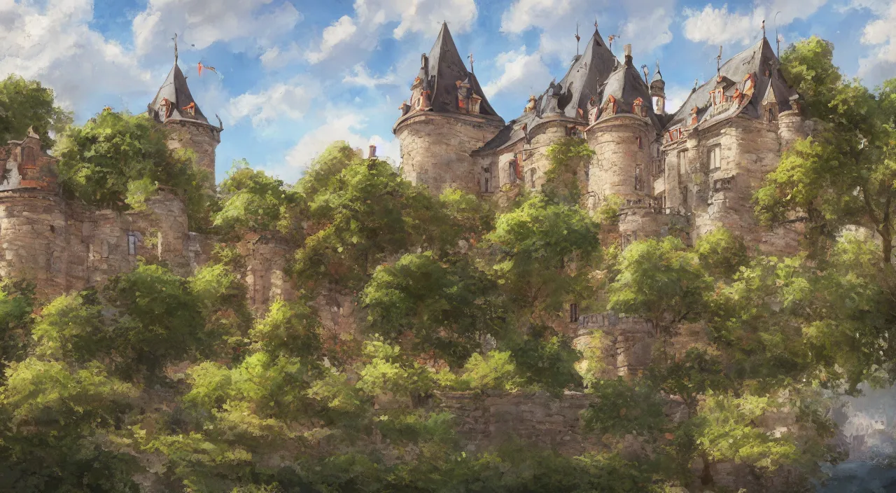 Prompt: a landscape painting of a French castle, with a garden, in the style of anime, trending on artstation