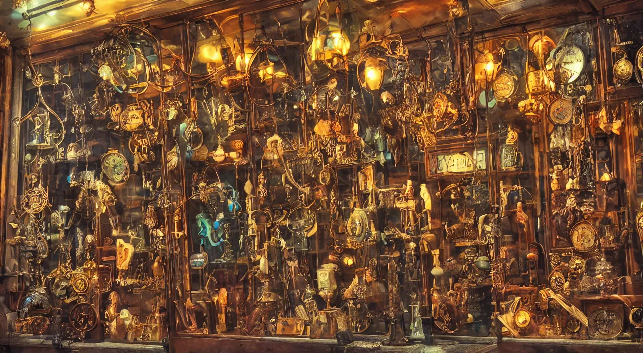 Image similar to steampunk shop window by don bluth, darkness, neon lights, photo realistic, completely filled with interesting oddities, things hanging from ceiling, light bulbs, cinematic