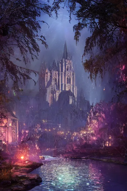 Image similar to The sparkling creek is full of jewels and glitters in the moonlight, ruby, sapphire, celestine, moonstone, amethyst, garnet, emerald, pearl, concept art, fantasy, gothic cathedral, light through the mist, dramatic lighting, photorealistic, cinematic lighting, high detail, cinematic feel, high octane, 4K, Unreal Engine, digital render, intricate, ultra realistic, crepuscular ray, low angle, superwide shot, lunapunk