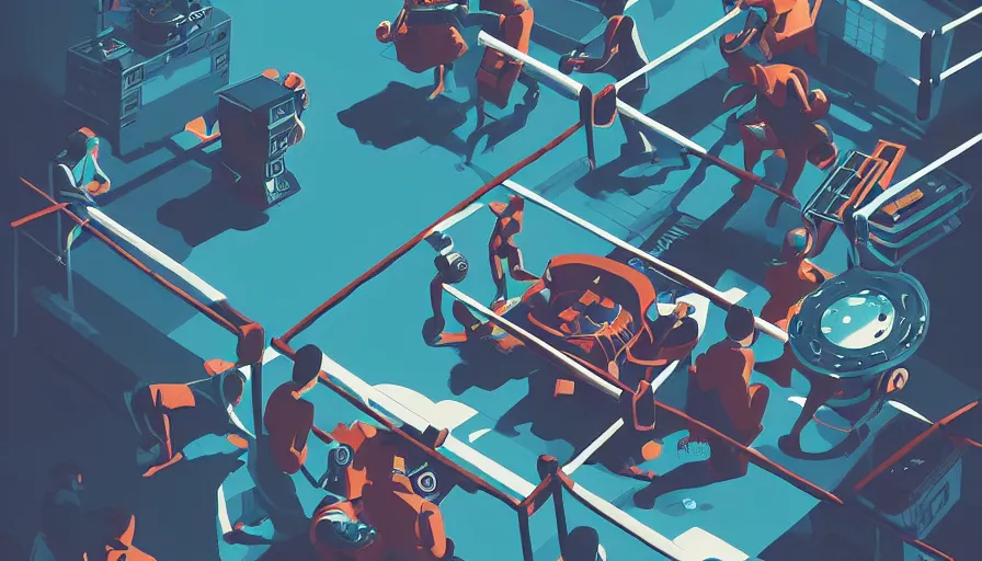 Image similar to a beautiful highly detailed vector illustration close up of a boxing match with robots in a factory, punk styling by atay ghailan, cliff chiang, loish and goro fujita, silver, silver, brown, black, blue and cyan tones, featured on artstation, featured on behance, grunge aesthetic