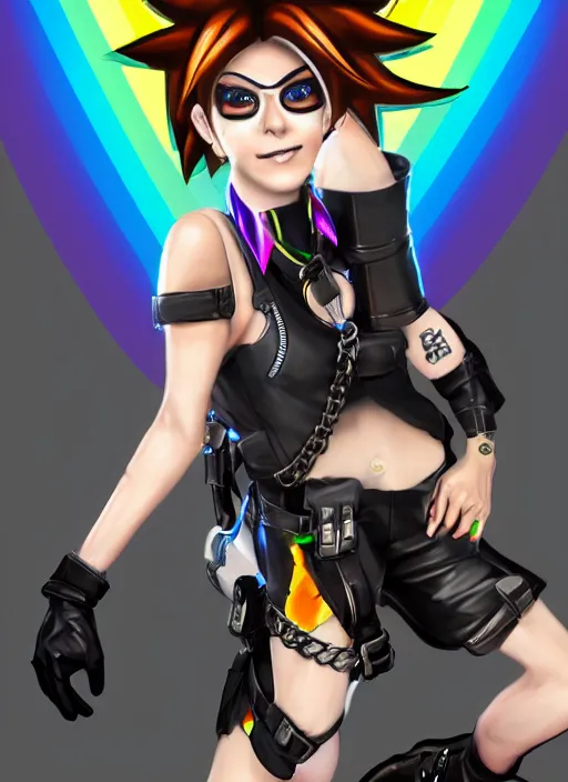 Image similar to full body digital artwork of tracer overwatch, wearing black iridescent rainbow latex tank top, 4 k, expressive happy smug expression, makeup, in style of mark arian, wearing detailed black leather collar, chains, black leather harness, leather cuffs around wrists, detailed face and eyes,