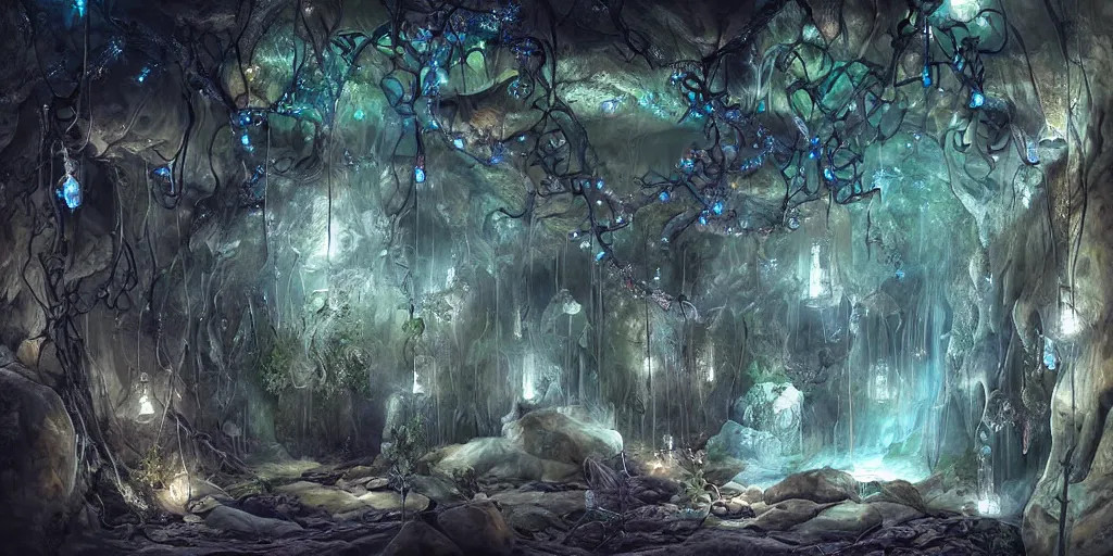 Image similar to deep cave with mystic ambiance and vines hanging from the ceiling, glowing diamonds in walls, realistic, sharp focus, highly detailed, by artgerm