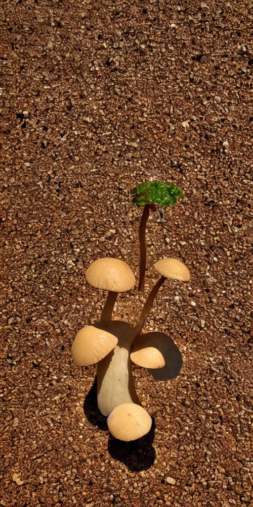 Prompt: real iphone photo of a mushroom growing in the desert sand