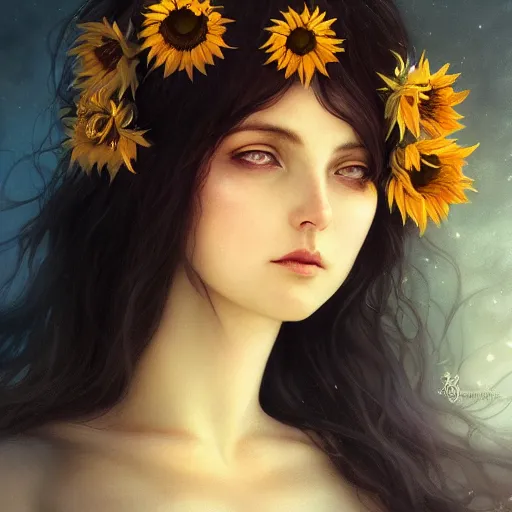 Prompt: sunflower goddess of summer character portrait, in the style of charlie bowater, tom bagshaw, and waterhouse, lean face, cinematic lighting, beautiful, elegant, oil painting, cinematic, portrait, raphaelite, headroom, headshot photograph