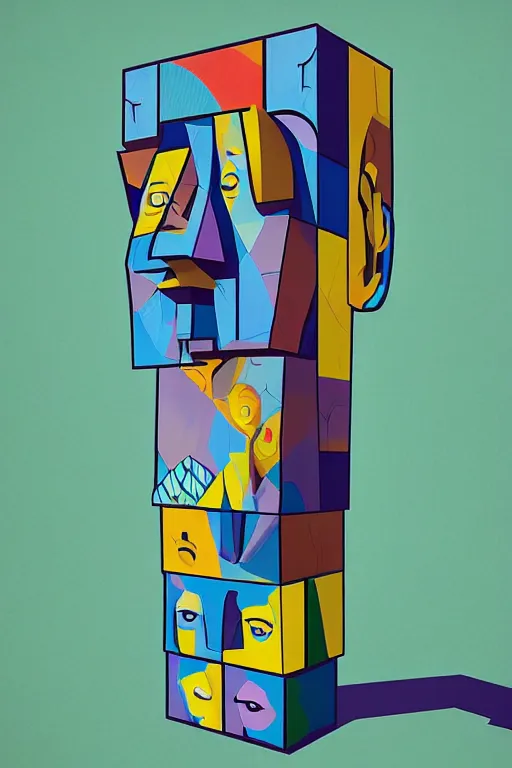 Image similar to cubist moai statue cutout digital illustration cartoon colorful beeple