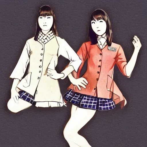 Prompt: a perfect, realistic professional digital sketch of two Japanese schoolgirls posing, 1970s, in style of Marvel, full length, by pen and watercolor, by a professional American senior artist on ArtStation, a high-quality hollywood-style sketch, on high-quality paper