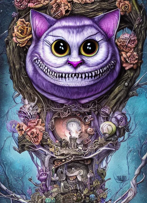 Image similar to cheshire cat the magician tarot card, highly detailed, half skull face, cinematic, 8 k, bymegan duncanson, benjamin lacombe, naoto hattori, adrian borda, giger, trending on deviantart, hyper detailed, horror, full of colour