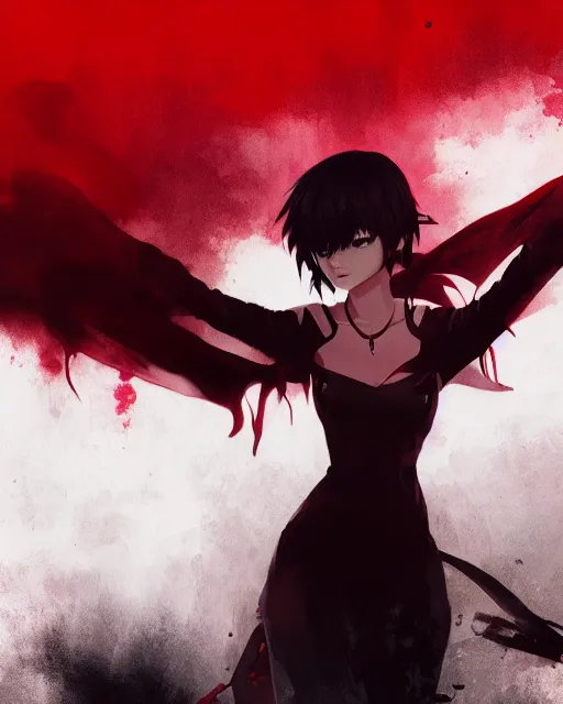 Image similar to vampire girl with wavy black hair wearing red, ominous dark background, ink, ilya kuvshinov, guweiz, svetlana tigai, greg rutkowski, studio trigger, ross tran, loish, anime