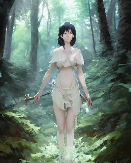 Prompt: a white tribeswoman standing in the woods. By Makoto Shinkai, Stanley Artgerm Lau, WLOP, Rossdraws, James Jean, Andrei Riabovitchev, Marc Simonetti, krenz cushart, Sakimichan, D&D trending on ArtStation, digital art.