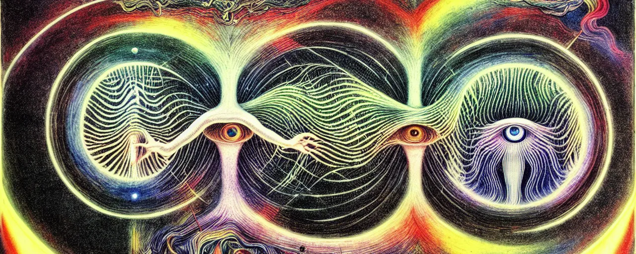 Image similar to a strange bifrost creature with endearing eyes radiates a unique canto'as above so below'while being ignited by the spirit of haeckel and robert fludd, breakthrough is iminent, glory be to the magic within, in honor of saturn, painted by ronny khalil