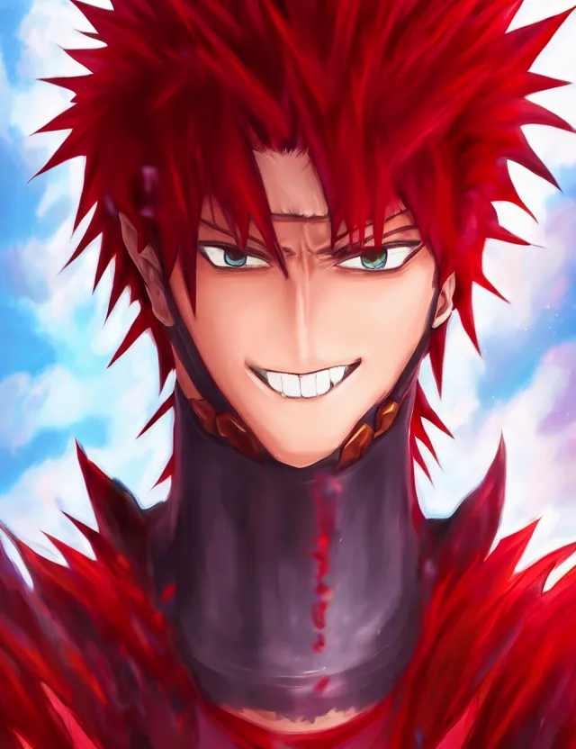 Image similar to a detailed manga portrait of an attractive tall boy with spiked crimson hair and a menacing smile in fiery crimson crystalline armour, trending on artstation, digital art, 4 k resolution, detailed, high quality, sharp focus, hq artwork, coherent, insane detail, character portrait