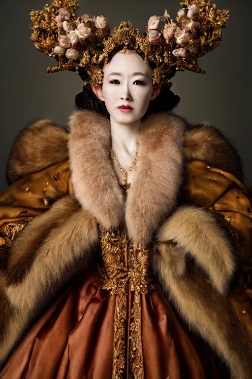 Image similar to a beautiful empress portrait, with a brilliant, impossible striking huge fur headpiece, fur clothes robes, everything fur, symmetrical, dramatic studio lighting, rococo, baroque, greens, asian, hyperrealism, closeup, D&D, fantasy, intricate, elegant, highly detailed, digital painting, artstation, octane render, 8k, concept art, matte, sharp focus, illustration, art by Artgerm and Greg Rutkowski and Alphonse Mucha