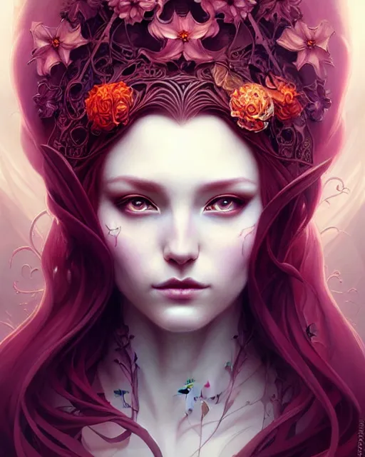 Image similar to Beautiful, evil and playful ethereal ginger portrait, art nouveau, fantasy, intricate flower designs, elegant, highly detailed, sharp focus, art by Artgerm and Greg Rutkowski and WLOP