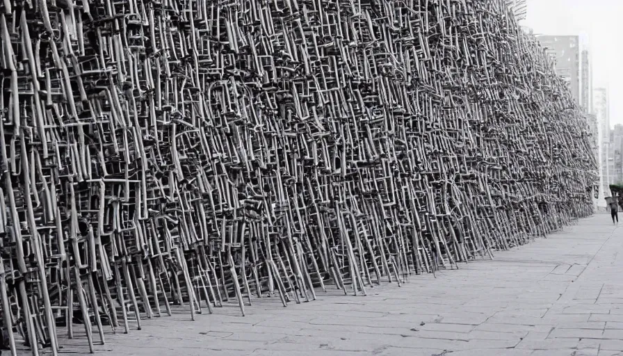 Image similar to many ten meters high piles of chairs along the walls of the street, hyperrealistic shaded