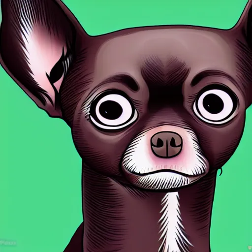 Prompt: a dark brown chihuahua facing the camera, hyper detailed, in the style of junji ito