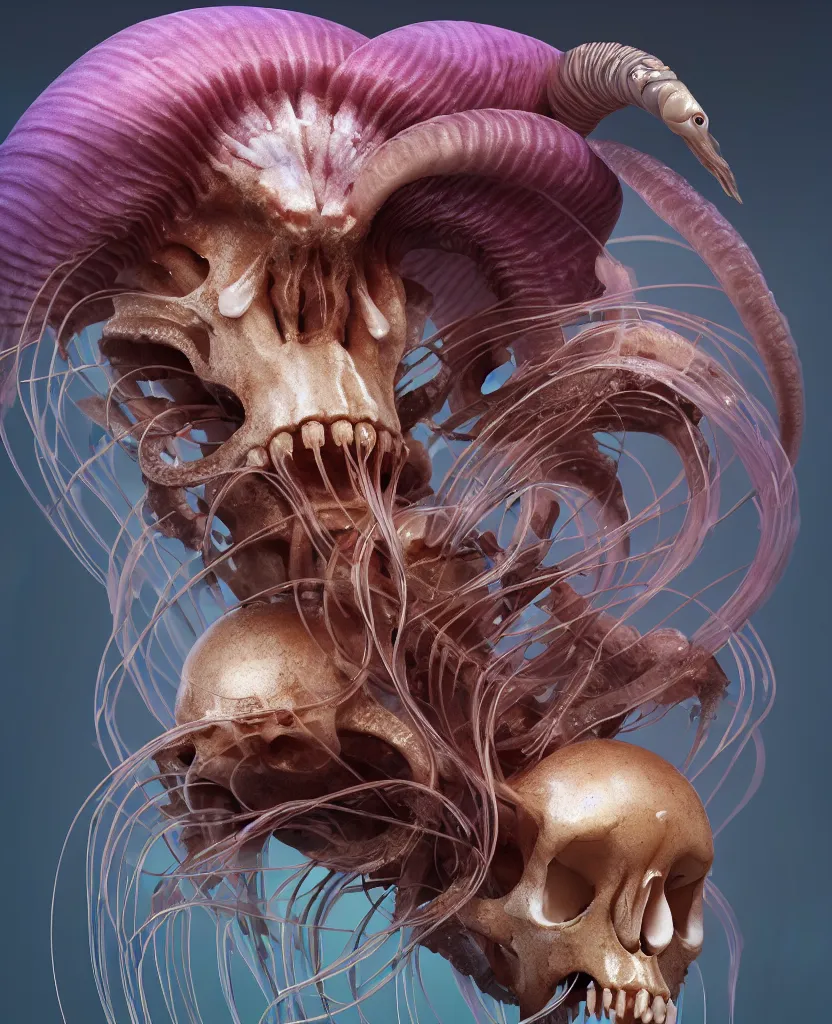 Image similar to goddess close-up portrait ram skull. jellyfish phoenix head, nautilus, orchid, ram skull, betta fish, bioluminiscent creatures, intricate artwork by Tooth Wu and wlop and beeple. octane render, trending on artstation, greg rutkowski very coherent symmetrical artwork. cinematic, hyper realism, high detail, octane render, 8k