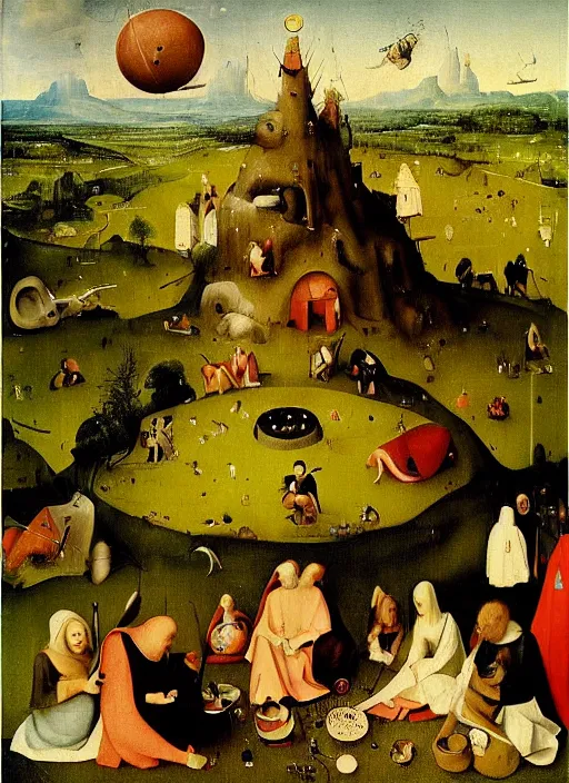 Prompt: Picnic on the Hills by Hieronymus Bosch, surreal oil painting, highly detailed, dream like, masterpiece