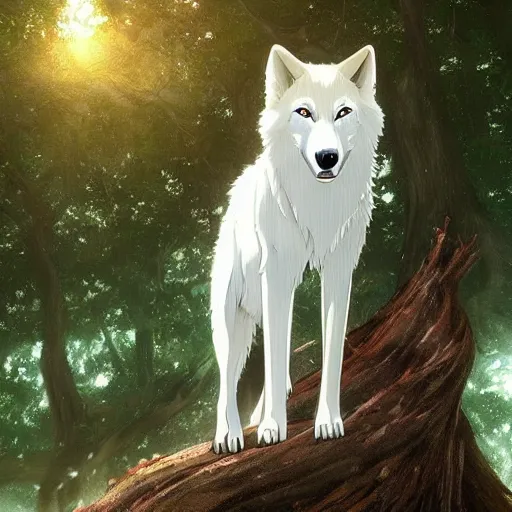 Image similar to highly detailed digital art of a magestic white wolf standing on an overgrown fallen tree trunk, lush surroundings, sunshine, kimi no na wa, trending on artstation, tranquil