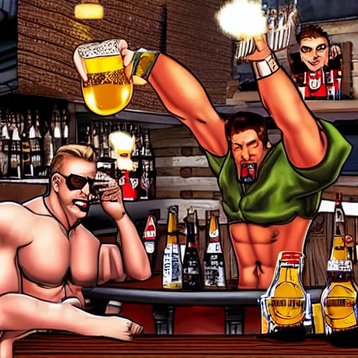 Prompt: duke nukem and serious sam video game characters drinking beer in a bar