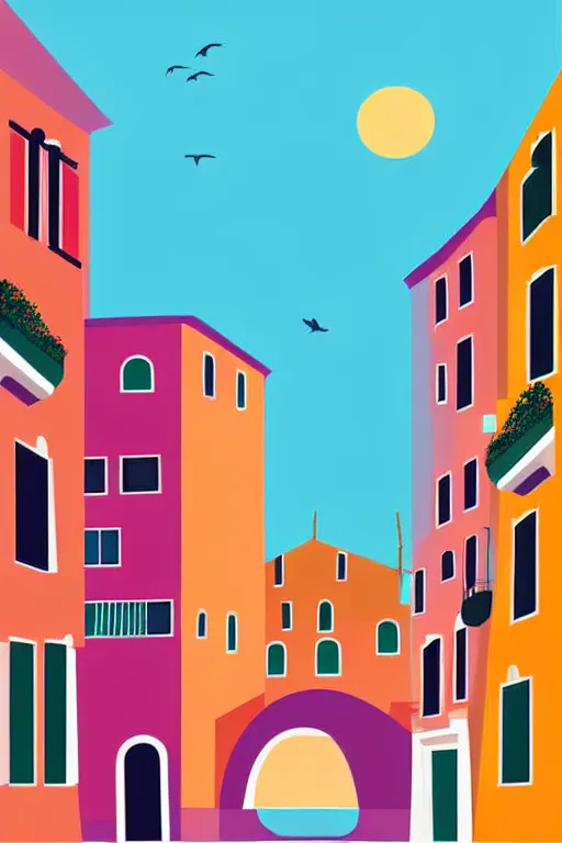 Image similar to minimalist boho style art of colorful venice at sunrise, illustration, vector art