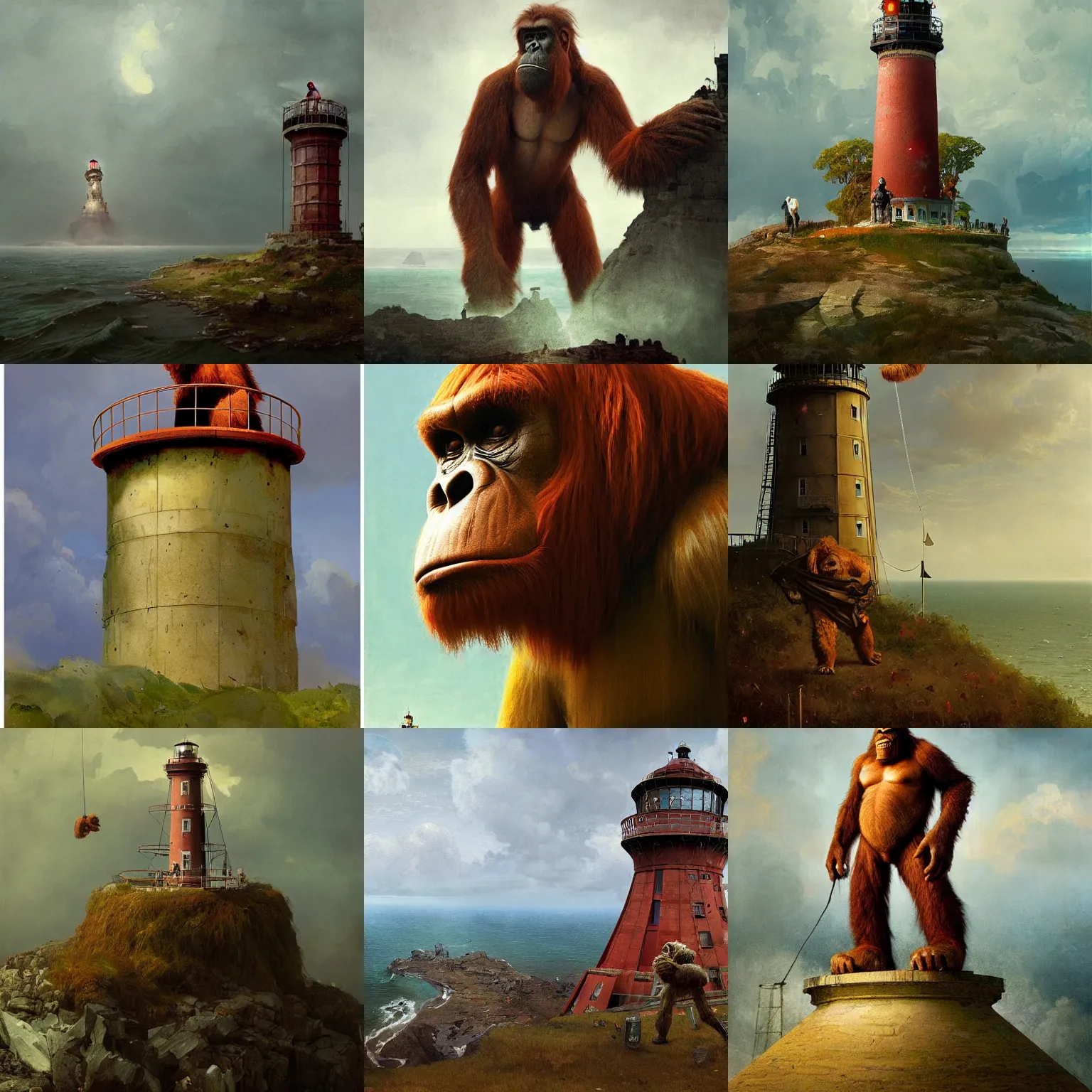 Prompt: far away portrait of a giant red orangutan as king kong on top of a lighthouse, photo realistic, highly detailed, perfect face, fine details, by carl spitzweg, ismail inceoglu, vdragan bibin, hans thoma, greg rutkowski, alexandros pyromallis