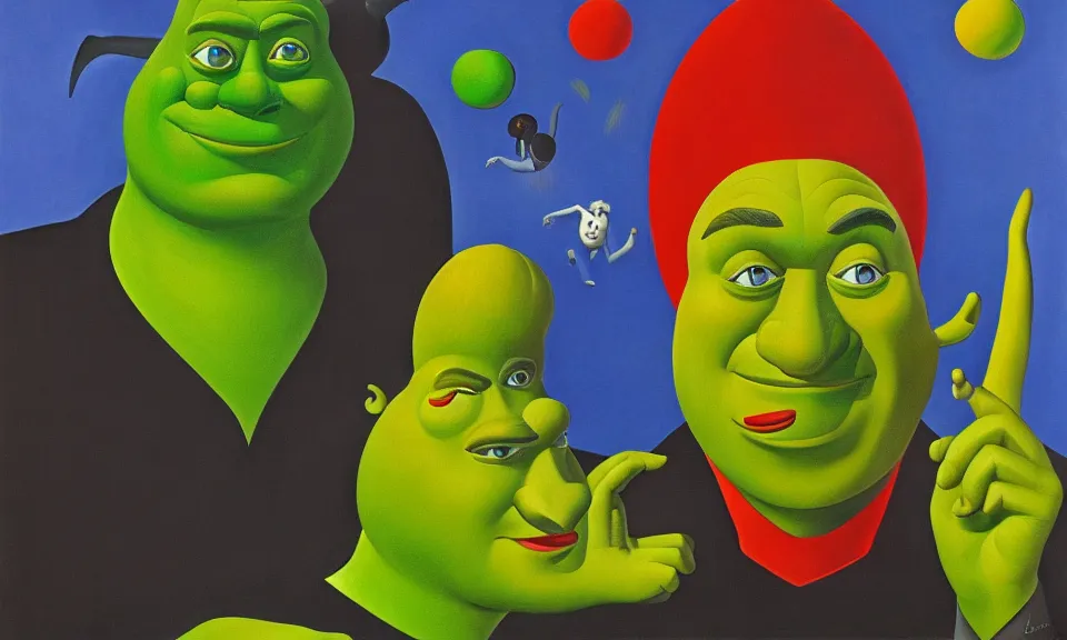 Prompt: a surrealist painting of shrek by alexandr archipenko and rene magritte and joan miro, 4 k, trending on artstation, detailed, film still