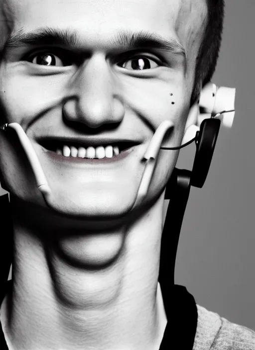 Image similar to beautiful smiling face, perfect symmetric face, coherent eyes, medium shot. vitalik buterin in headphones. vitalik buterin, medium shot, pixar style, high detail, very sharp, 4 k