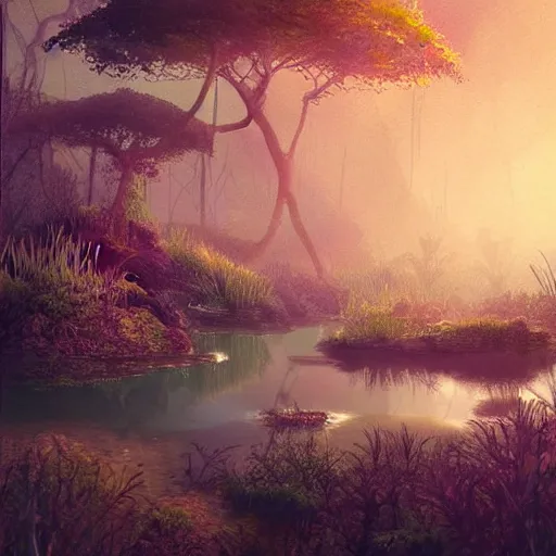 Image similar to beautiful watercolor of a lush natural scene on a colourful alien planet by vincent bons. ultra sharp high quality digital render. detailed. beautiful landscape. weird vegetation. water. soft colour scheme. grainy.