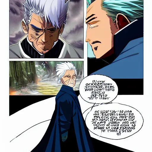 Prompt: manga full color white hair tan skin man white finger nails brown bomber jacket with blue jeans steals money from dracula wearing black cape looking furious