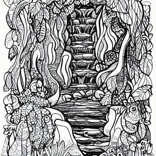 Image similar to an adult coloring page of a waterfall in the enchanted forest, light detail