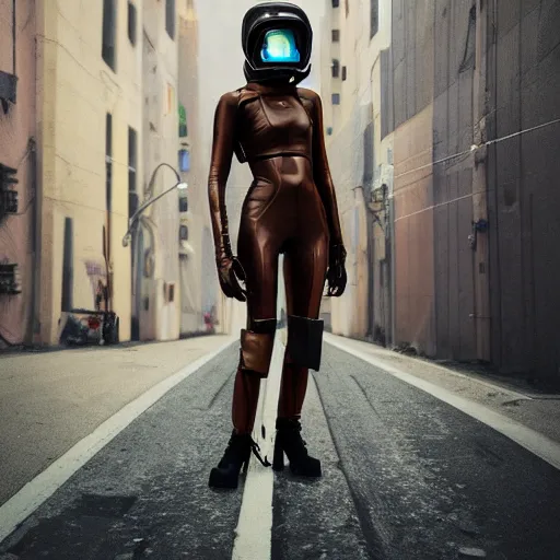 Image similar to a fashion model in helmet, creative, brown skin, digital art, photo manipulation, artstation, standing, cyberpunk, giant, street, duck shoes, up there, photoshop, futuristic