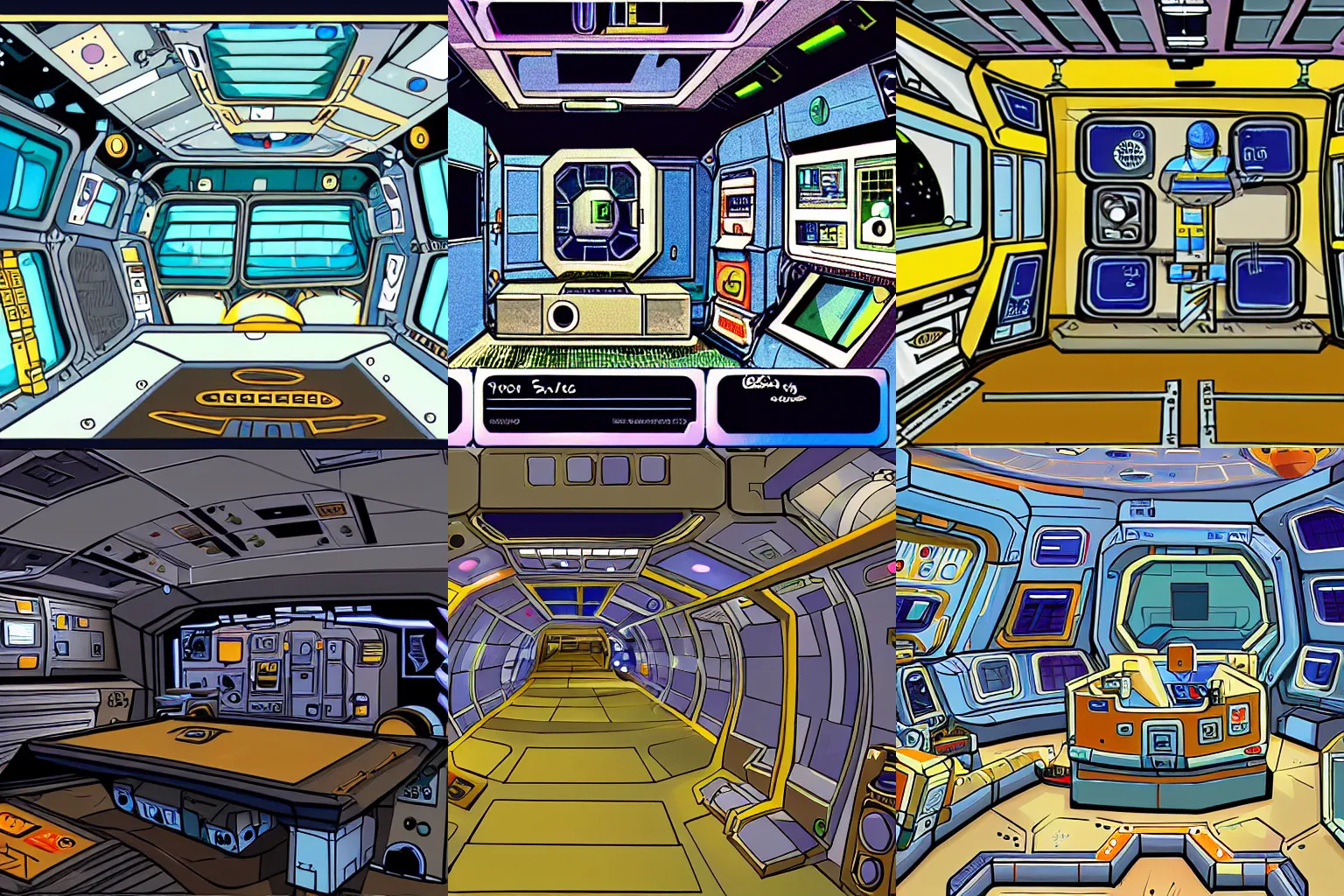 Prompt: inside a space station, from a space themed LucasArts point and click 2D graphic adventure game, high quality cartoon style graphics