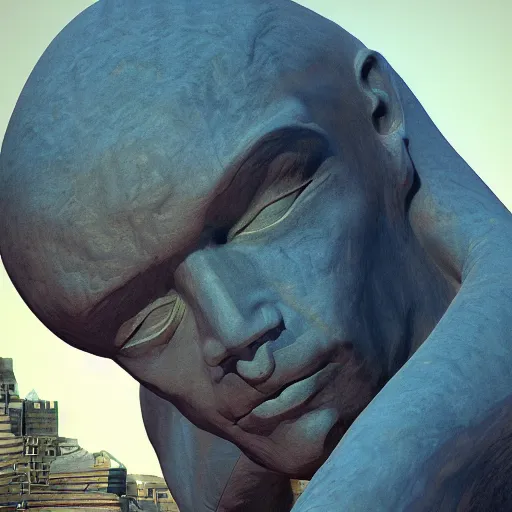 Image similar to giant blue statue face, flying, man, octane render, moebius by jean giraud