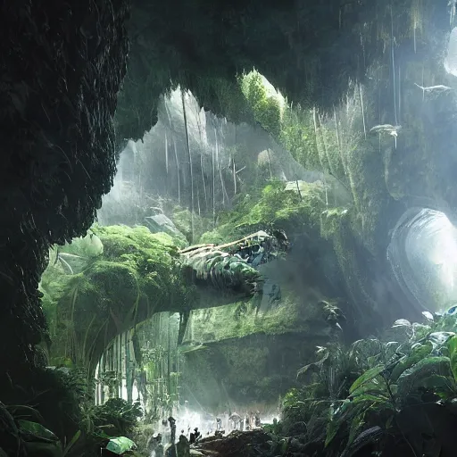 Image similar to epic, ultra detailed, hyper - real alien jungle by greg rutkowski inside a giant cave by zaha hadid