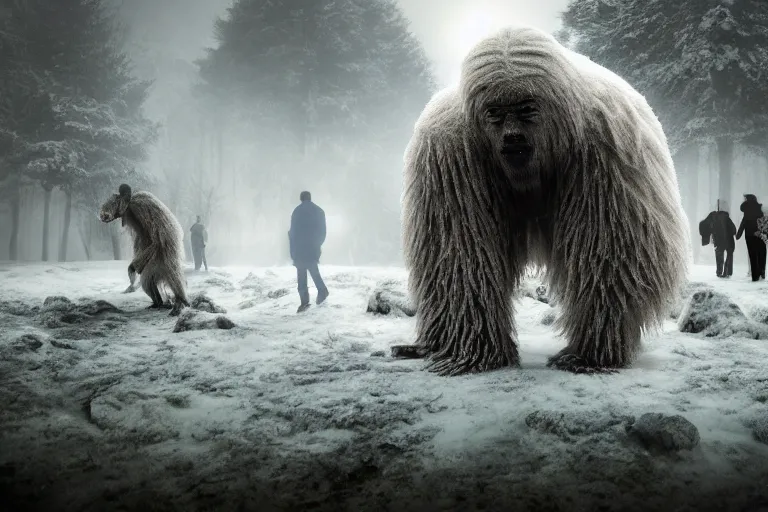 Prompt: photo of people gathering around a giant sleeping yeti, eerie atmosphere, fear, mystery, dramatic, 8 k uhd