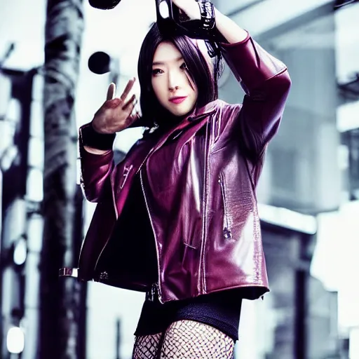 Image similar to a dynamic, epic cinematic 8K HD movie shot of a japanese beautiful cute young J-Pop idol actress yakuza rock star girl wearing leather jacket, miniskirt, nylon tights, high heels boots, gloves and jewelry. Motion, VFX, Inspirational arthouse, at Behance, with Instagram filters