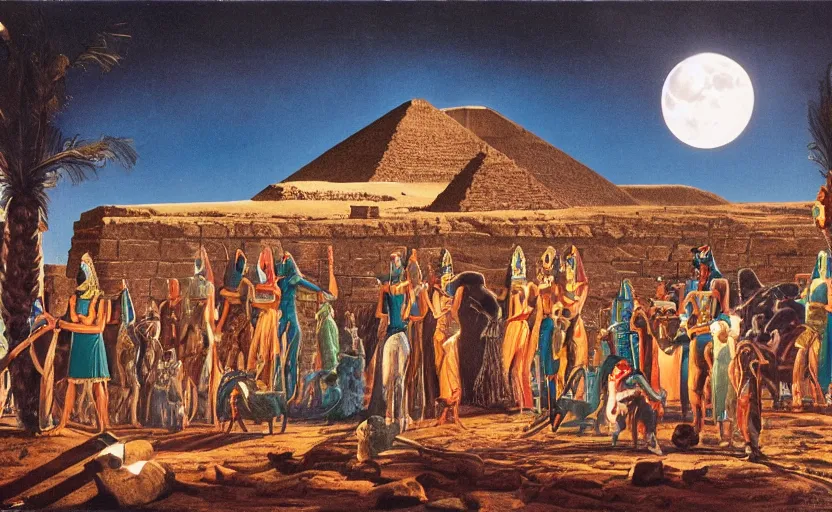 Image similar to a 1 9 5 0's technicolor cinematic scene of actors playing egyptian gods with animal heads, having a ceremony in a moonlit temple in karnak, realism, superior lighting, atmospheric