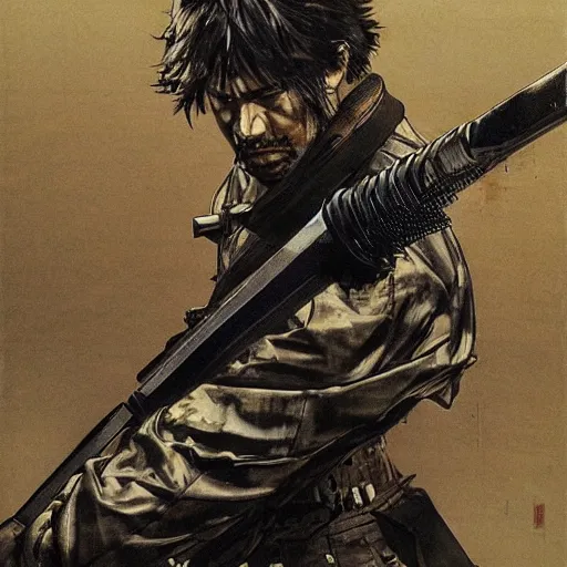 Prompt: splitting a bullet with a sword, samurai vs swat team hyperrealism yoji shinkawa