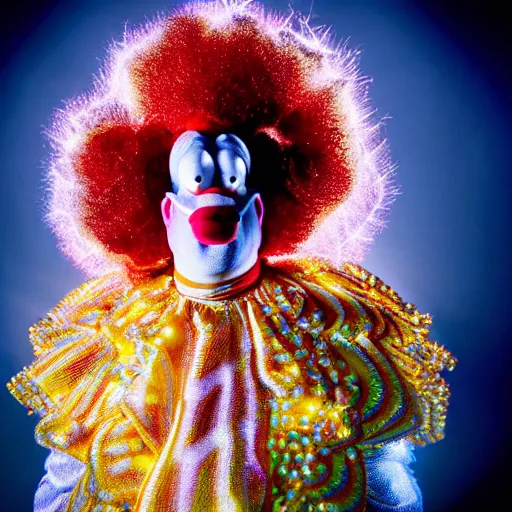 Image similar to uhd candid photo of cosmic krusty the clown, glowing, global illumination, studio lighting, radiant light, detailed, correct face, elaborate intricate costume. photo by annie leibowitz