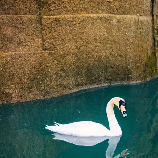 Image similar to a photo of a swan pulling a container and swimming in a blue lake, canon eos r 3, f / 1. 4, iso 2 0 0, 1 / 1 6 0 s, 8 k, raw, unedited, symmetrical balance