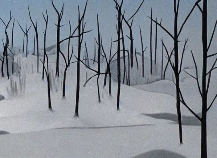 Image similar to minimalist charred wooded snowdrift landscape from mulan ( 1 9 9 8 )