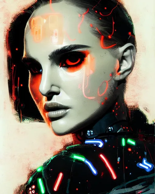 Image similar to detailed portrait Natalie Portman Neon Operator Girl, cyberpunk futuristic neon, reflective puffy coat, decorated with traditional Japanese ornaments by Ismail inceoglu dragan bibin hans thoma greg rutkowski Alexandros Pyromallis Nekro Rene Maritte Illustrated, Perfect face, fine details, realistic shaded, fine-face, pretty face