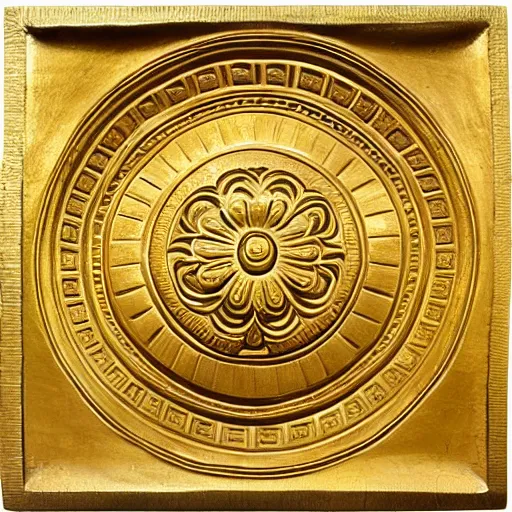 Prompt: ornate engraved carving of a large rose in a flat circular inset on a square gold panel